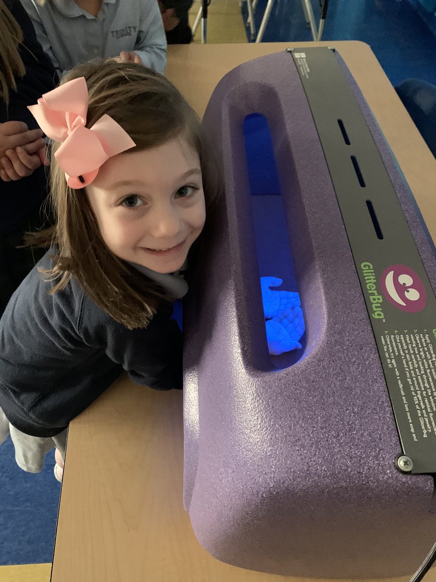 MsT_trinity's tweet image. Kindergarten students using the “Germinator” to check on their hand washing skills.  #TrinityLearns