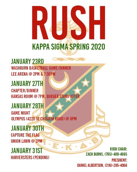 We hope everyone is enjoying their winter break! We’re very excited though to start this semester off with exciting Rush Week Events. Don’t miss out! Begin your journey towards becoming a better man this semester. #RushΚΣ