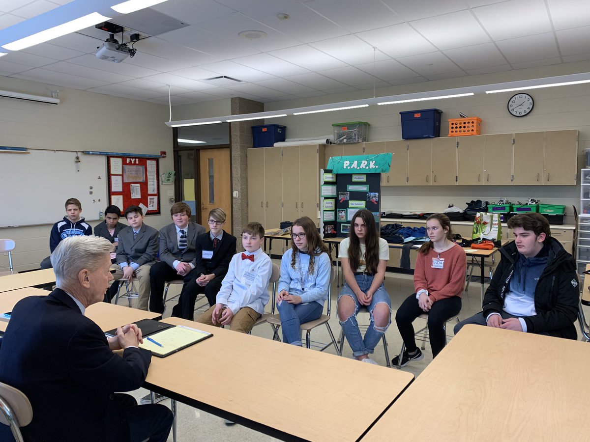 kmhermansson's tweet photo. FLL TEAM P.A.R.K. met with Mayor Sager today to discuss their research project regarding accessibility options at our local park. What a great opportunity! @FIRSTweets @CMSFalcons200 @WoodstockD200 https://t.co/vRz40Qg4BE