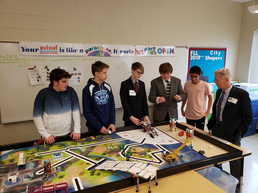 kmhermansson's tweet photo. FLL TEAM P.A.R.K. met with Mayor Sager today to discuss their research project regarding accessibility options at our local park. What a great opportunity! @FIRSTweets @CMSFalcons200 @WoodstockD200 https://t.co/vRz40Qg4BE