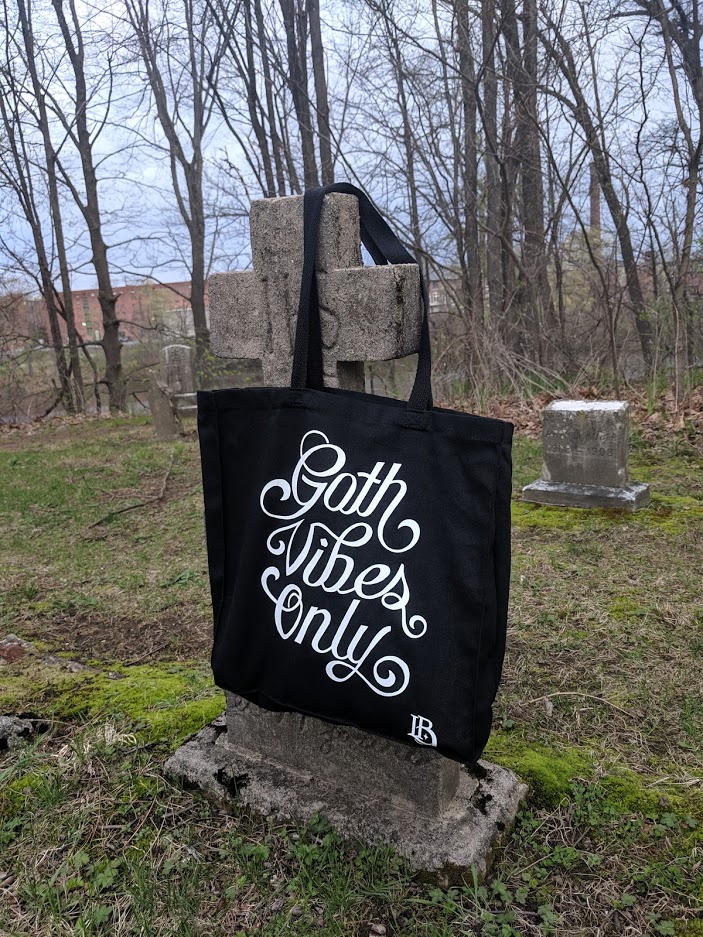 Goth Vibes Only tote in graveyard