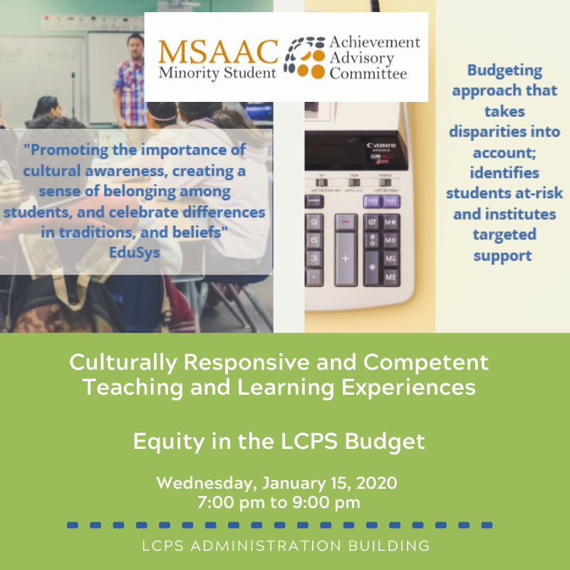 LCPSMSAAC's tweet photo. You are invited!  MSAAC's next meeting is this Wednesday, January 15 from 7-9 pm at the LCPS Admin Building.  We will discuss Culturally Responsive Teaching AND Equity in the LCPS Budget.  See you then! #ACollectiveVoiceForChange #LCPSEquity https://t.co/jIqa1VK4o8