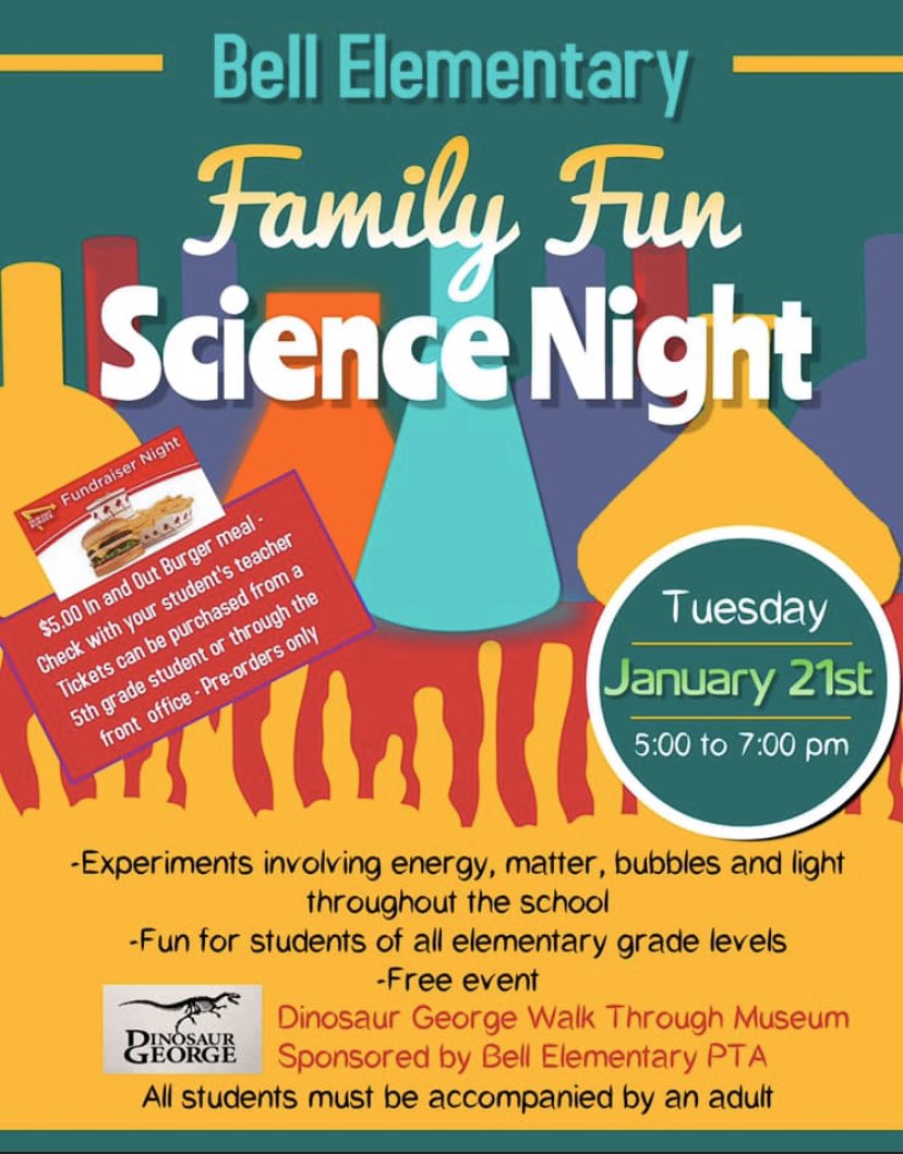 Check our Family Fun Science Night at Bell Elementary - next Tuesday, January 21st.  Please come by from 5:00 pm to 7:00 pm and be a part of the fun. #unlockingpotential #keystosuccess