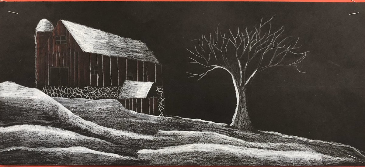6th graders have completed beautiful perspective drawings employing a vanishing point. Their winter landscapes also involved creating values of white/gray for realistic snow drifts. #ellingcen #clsstripes