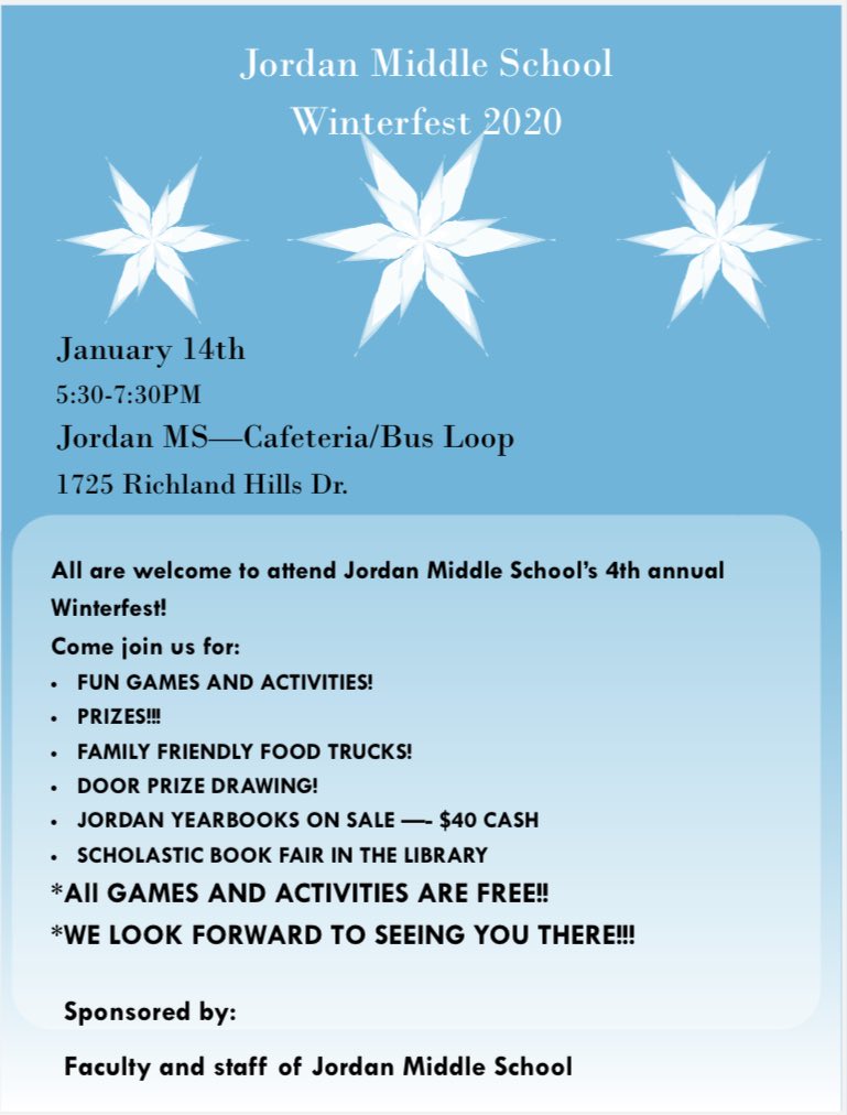YLopezCounselor's tweet image. Winterfest is coming!! Tomorrow Tuesday January 14th! Come one come all!! Games, food, prizes and family fun! #JordanMSLegends #RomerosRegulators