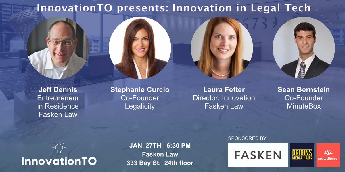 On Monday, January 27th, LIZ members <a href="/stephcurcio/">Stephanie Curcio</a>, co-founder of <a href="/legalicity/">gloriaa</a>, and Sean Bernstein, co-founder of <a href="/MinuteBoxInc/">MinuteBox</a>, will be talking about innovation in the legal sector at #InnovationTO.

Get your ticket at eventbrite.com/e/innovationto…