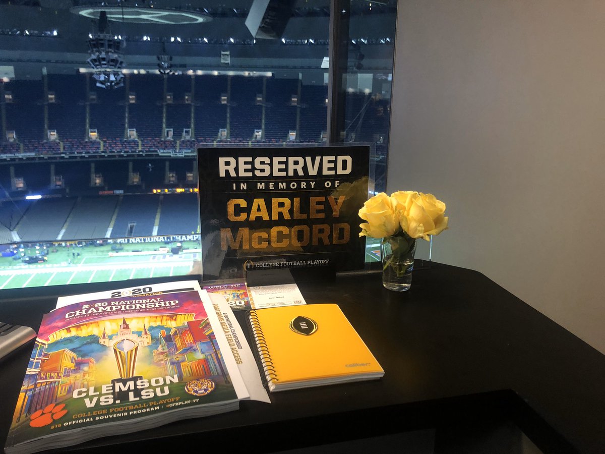 Amie_Just's tweet photo. Two seats in the Superdome press box tonight have been reserved in memory of Carley McCord and Edward Aschoff. 

Aschoff, 34, died on Dec. 24 after a bout with pneumonia. McCord, 30, died on Dec. 28 in a plane accident. 

Both were widely respected and adored sports journalists. https://t.co/FaMW3572zx