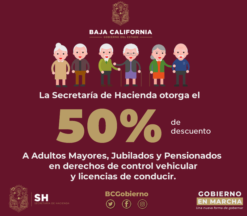 Aprovecha el 50% de descuento a Adultos Mayores, Jubilados y Pensionados en derechos de control vehicular y licencias de conducir.
#SecretariaDeHaciendaBC
#GobiernoEnMarchaBC