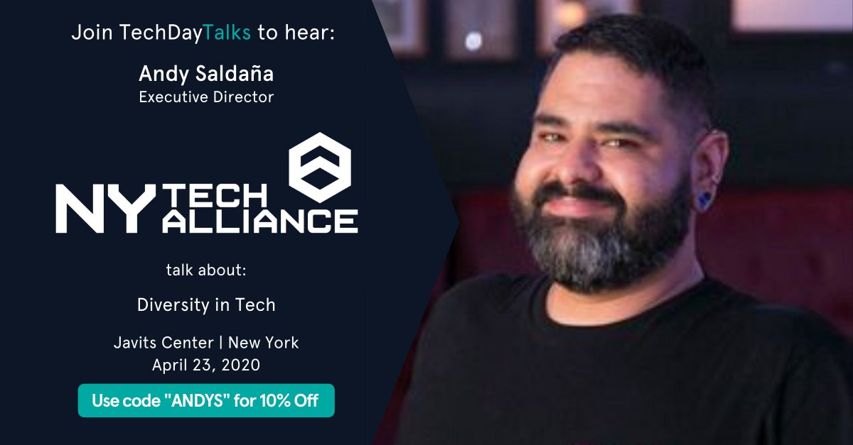 NYTechAlliance's tweet image. #TechDay and #TechDayTalks return to NYC on April 23 at the Javits Center, where @NYTechAlliance leader Andy Saldana will be speaking on #diversity in #tech! Use the promo code &quot;ANDYS&quot; for 10% off your ticket. @TechDayHQ 

Tickets and full event info: ow.ly/mhjo50xUgm0