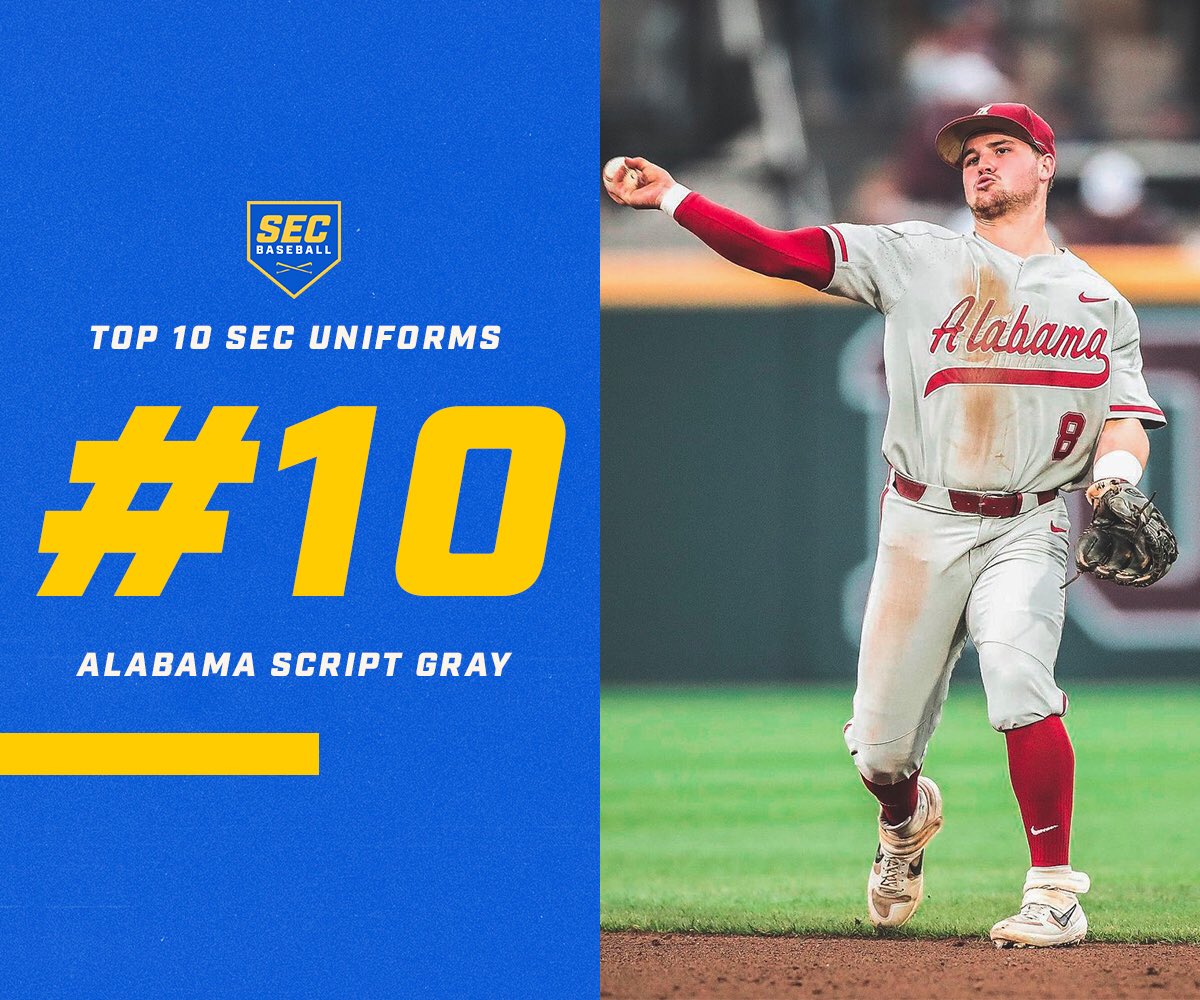 SEC Baseball on X: TOP 10 #SEC UNIFORMS 1️⃣0️⃣ - Alabama script gray It's  hard to make a gray uniform elite but I think the crimson Alabama script  makes this the best