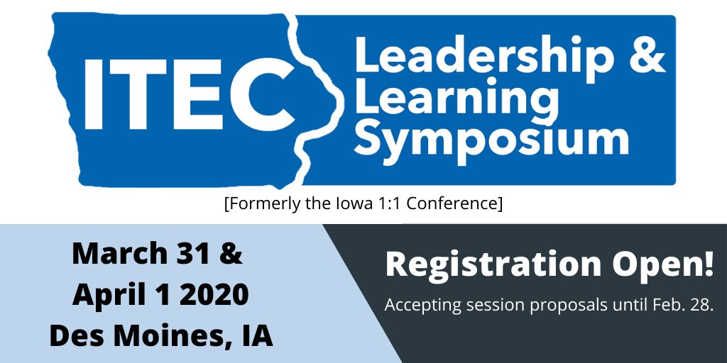 Join us for ITEC's Leadership and Learning Symposium (formerly the Iowa 1:1 Conference) on March 31 and April 1! #itecia

🔗 Register and submit proposals: buff.ly/2Mw77yw
📅 Deadline for proposals: February 28, 2020