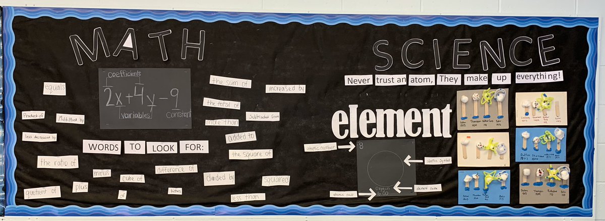 erin_zinger's tweet image. Added another bulletin board to my collection! This time for #math9 and #science9 . Words to look for in algebraic expressions, parts of an expression, Ss atomic models and element breakdown as in the periodic table of elements. What a great Monday! #cornwallalternative