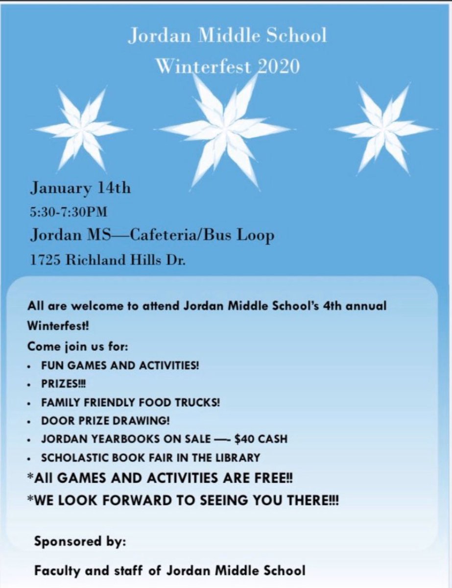 MsAnabelRomero's tweet image. Come join us for our 4th annual Winterfest tomorrow, 1/14 from 5:30-7:30pm. Fun, food, prizes!! #JordanMSLegends