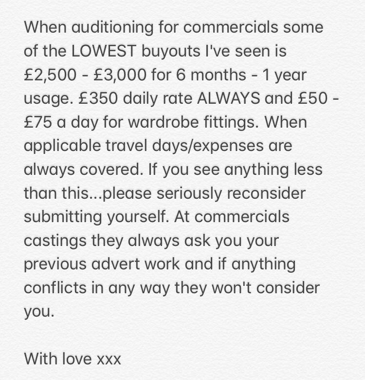 the98percentpod's tweet image. I keep seeing castings for commercials with £200-£600 buyouts and I’m NOT. HERE. FOR. IT.
I wrote this in a fb group and thought I’d also share it here.

I’m not an agent or a lawyer but this is what I’ve gathered from years of commercial/casting experience...please be savvy!