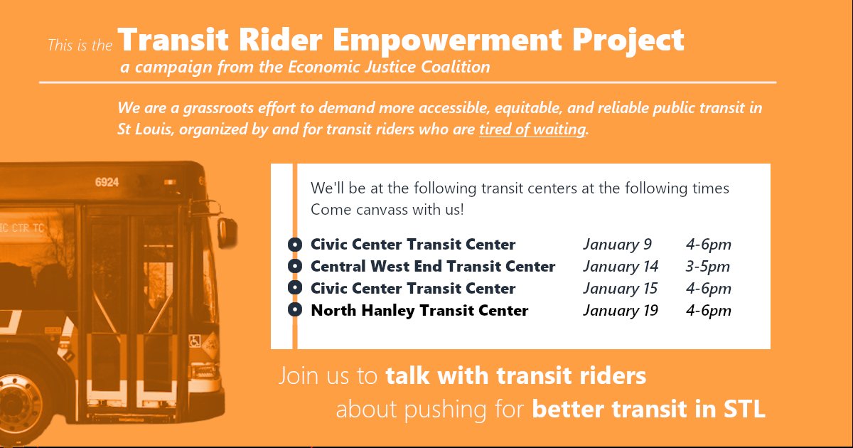 StLouisEJC's tweet image. We'll be talking to transit riders about their experiences with public transit in STL and asking them to share their stories tomorrow, Wednesday and next Sunday. Email stlouisejc@gmail.com to join in! #TiredOfWaiting