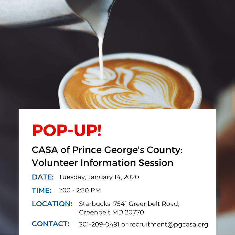 MDCASA's tweet photo. Join CASA of Prince George's County at the Starbucks on Greenbelt Road to learn how you can make a difference by mentoring and advocating for 1 of the 500 youth in foster care in Prince George's County. Bring a friend! #BeAVoice #CASAForChildren https://t.co/6jNoTixV47