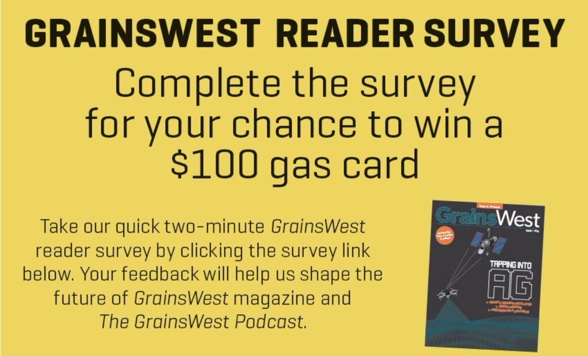colesagmedia's tweet photo. Our friends at GrainsWest Magazine are looking for valuable feedback on their magazine and podcast (which we proudly produce). Click this link for your chance to win a $100 gas card! https://t.co/tcuKJoDqdB https://t.co/Le0xYEXExz
