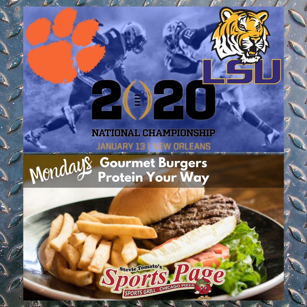 Tonight at 8pm College Football Championship Clemson vs. LSU
Monday
1/2 LB SHORT RIB/BRISKET BURGER,
7 OZ CHICKEN BREAST,  6 OZ TURKEY BURGERS $7.99
W/ CHEESE $8.99 
OTHER BURGER $10.99 
StevieTomato.com
#naplesfl  #ncaafootball #clemsonfootball #LSUvsCLEM #lsufootball