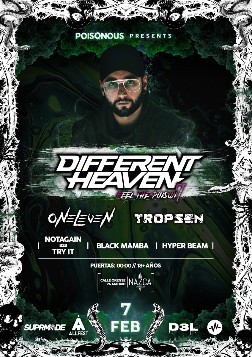 🐍WE ARE BACK🐍
Volvemos este 7 de Febrero con nada más y nada menos que <a href="/DifferentHeaven/">Different Heaven</a> 🔥 junto a nuestros artistas <a href="/OnelevenMusic/">Oneleven</a> <a href="/_tropsen/">TROPSEN</a> <a href="/notagainmusic/">notAgain</a> <a href="/TryItMusic/">𝕋ℝ𝕐 𝕀𝕋 - ℝ𝕆𝔻ℝ𝕀</a> y contando esta vez con @losblackmamba_ .
Pronto noticias sobre sorteos, rrpp, puntos de venta y mucho más!