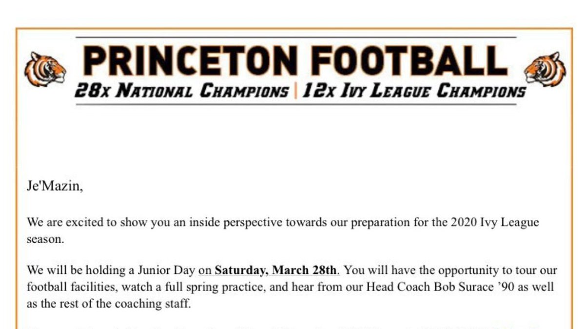Je'Mazin Roberts (@mazin_je) on Twitter photo Honored and blessed to receive an invite to <a href="/PrincetonFTBL/">Princeton Football</a> Junior Day thanks <a href="/CoachBobSurace/">Bob Surace '90</a> <a href="/CoachMWillis/">Mike Willis</a> <a href="/RecruitGeorgia/">Recruit Georgia</a> Honored and blessed to receive an invite to <a href="/PrincetonFTBL/">Princeton Football</a> Junior Day thanks <a href="/CoachBobSurace/">Bob Surace '90</a> <a href="/CoachMWillis/">Mike Willis</a> <a href="/RecruitGeorgia/">Recruit Georgia</a>