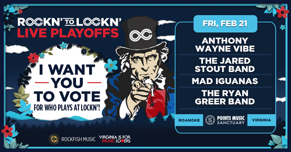 5pointsmusic_'s tweet photo. Congratulations to all the ROCKN' to LOCKN' finalists! Look for @awvibe, @jstoutmusic, @themadiguanas, and The Ryan Greer Band to play Friday, February 21st at The Sanctuary! Get your tickets to vote in person for your favorite band!
TICKETS:  https://t.co/HiaW3TS0al https://t.co/MspXny715E