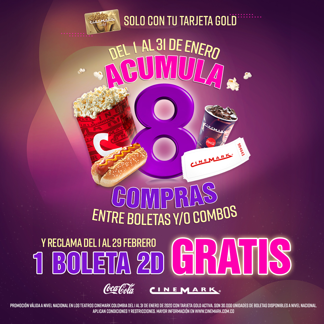 CinemarkCol's tweet photo. 🙌 ¡Sigue #Acumulando en Cinemark! 😎
Ven con tu #TarjetaGold y por cada 8 compras que realices entre boletas y/o combos RECLAMA GRATIS una boleta 2D en febrero. 😉🎬
T&C: https://t.co/E8TxrtZ1Kq 👀 https://t.co/t9cYVl8Rco