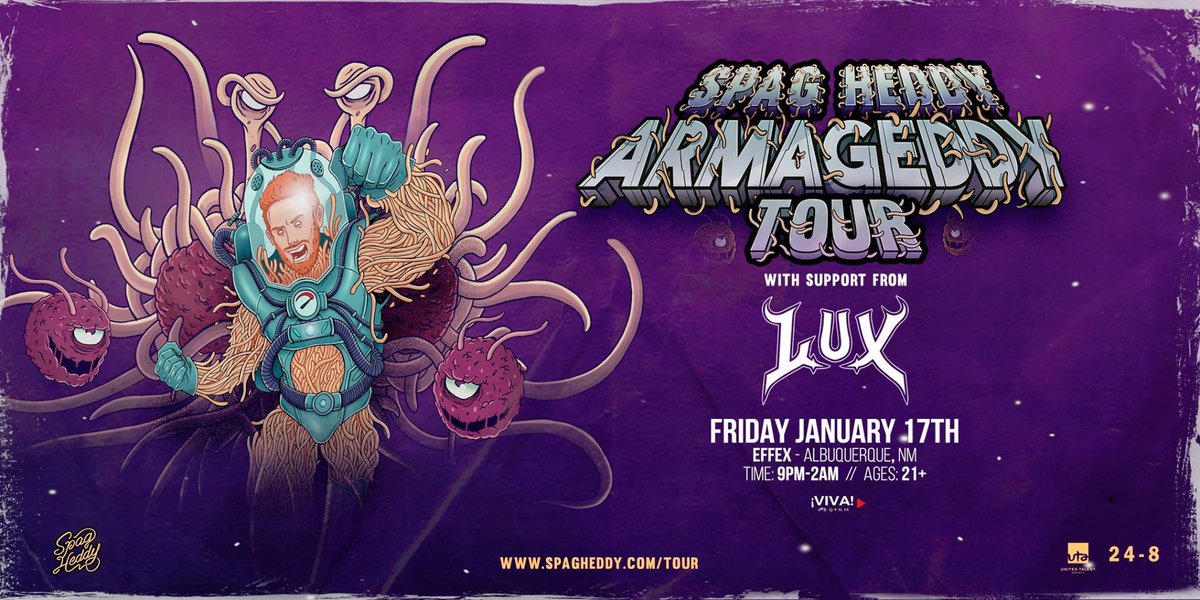 SPAGHEDDY's tweet photo. I can finally say it...
THE ARMAGEDDY TOUR KICKS OFF THIS FRIDAY SNITCHEZZ!  Me and @luxdubz gonna END abq ☠️ 
😁 STOKED 😁 #armageddy 
https://t.co/f2Zo246UWJ https://t.co/6viDXfosxn