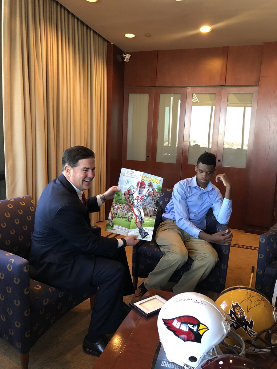 DougDucey's tweet photo. Adonis Watt is a hero — a superhero to be exact. He went blind at the age of 5. Today, he's scoring touchdowns at Brophy Prep and has his own Marvel Comic: The Unstoppable Adonis. #TheArizonaWay @BrophyNews @Marvel https://t.co/7cdbTbXAQ0