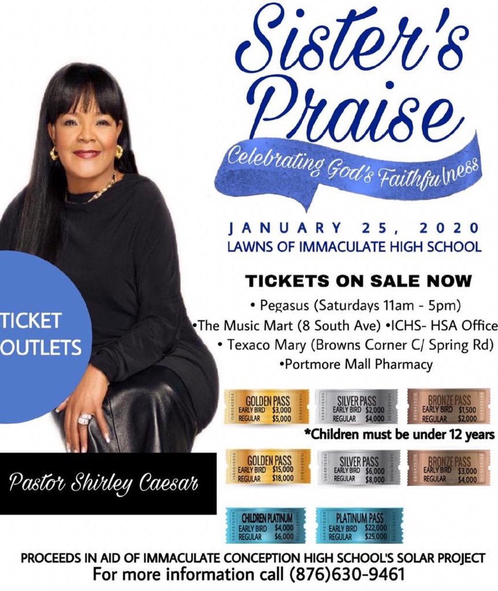 HERE ARE THE TICKET OUTLETS FOR SISTER’S PRAISE‼️
• ICHS/ HSA OFFICE
• JAMAICA PEGASUS HOTEL
• THE MUSIC MART
• TEXACO MARY (Brown’s Corner, Constant Spring Road)
•PORTMORE MALL PHARMACY
.
Don’t miss out on the experience!🥳
All Proceeds towards the school’s Solar Project☀️