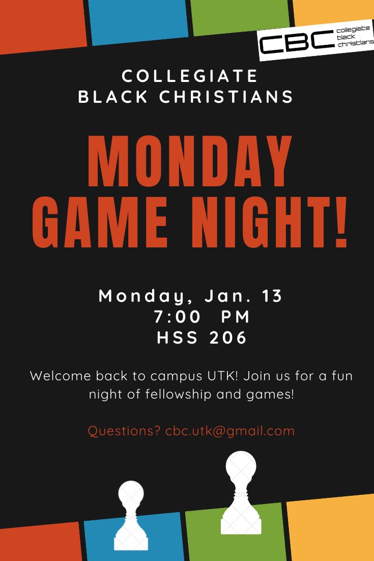 CBC_UTK's tweet photo. Game Night in 20 minutes!! There will be FREE PIZZA! Don’t miss out! https://t.co/Qpq7izC6lF