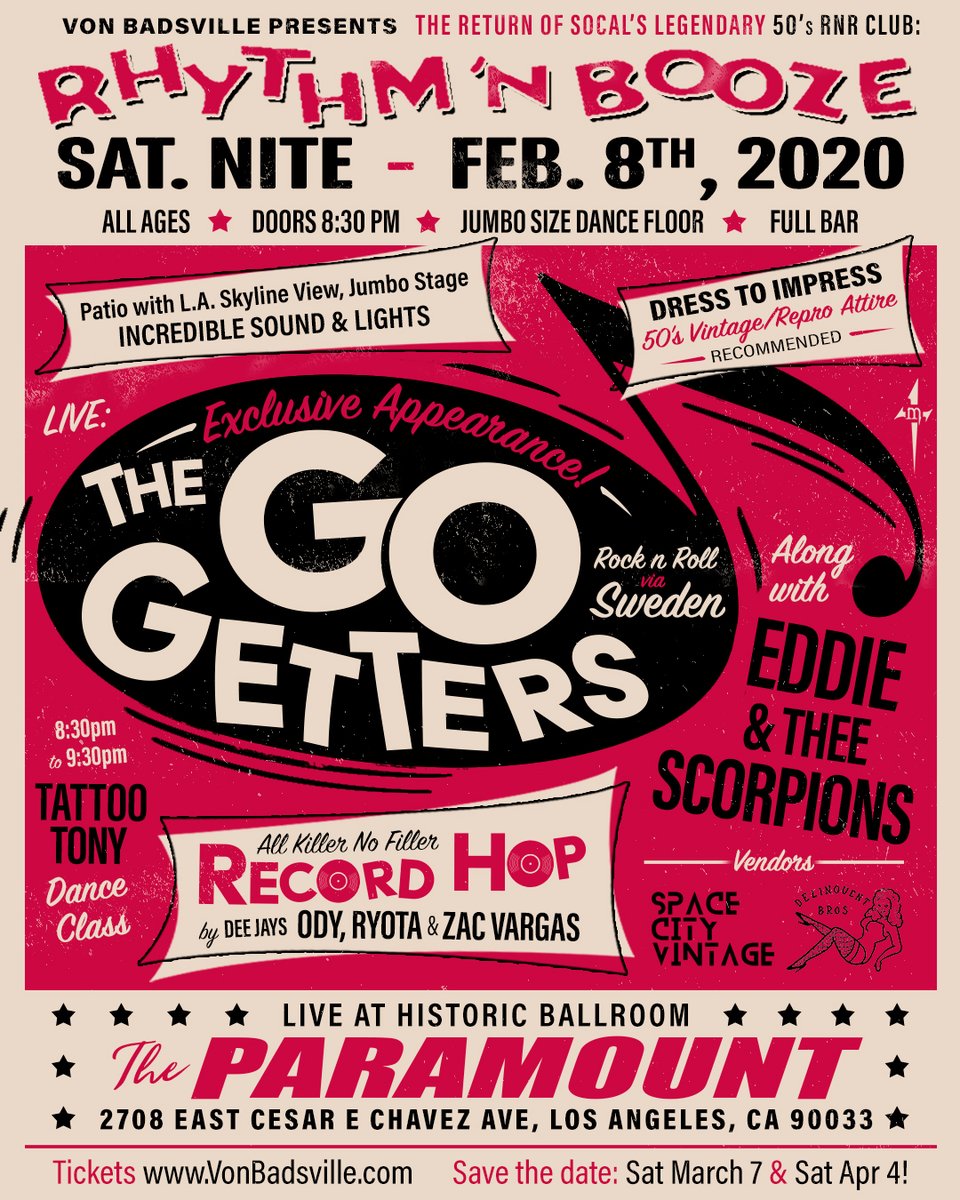 NOW ON SALE [Sat, 2/8] Von Badsville @vonbadsville presents Rhythm 'n Booze at The Paramount with The Go-Getters @thegogetters_official

Along with @eddie_and_thee_scorpions

All Killer No Filler RECORD HOP by Dee Jays
Ody, Ryota &amp; Zac Vargas

Tickets 🎟️ soo.nr/hAWK