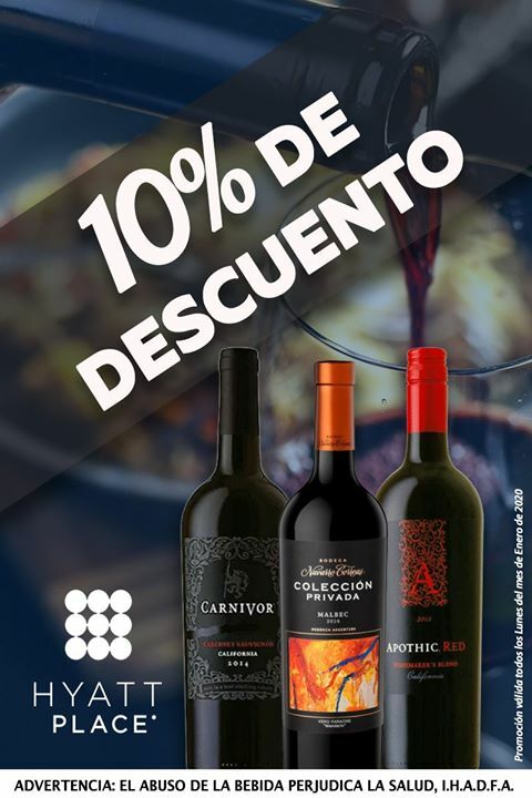 istmaniahn's tweet image. Este y todos los Lunes de Enero disfurta en HYATT Place de tu vino favorito con un 10% de descuento. Aplica únicamente los vinos #Carnivor #ApothicRed #NavarroCorreas