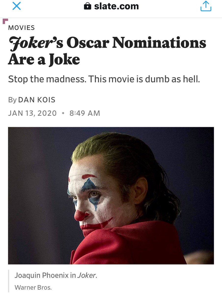 doomcock's tweet image. All the butthurt punkass whiny bitch articles wailing about Joker getting the most Oscar nominations are delightful in the extreme! Ah, how sweet the MSM crying is to my ears! Like this elitist twerp, so outraged a good movie got nominated for once! Fuck 'me all! JOKER RULES!