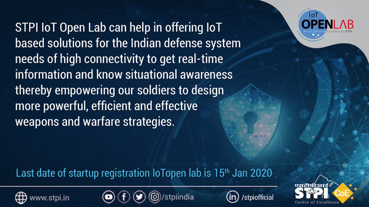 stpiindia's tweet photo. The need of real-time intelligence for defense system is paramount for the strategic reasons. Do you want to build some breakthrough products for defence in #IoT domain by leveraging the #STPIOpenLab? Apply now. https://t.co/oAY3MapDcn. #STPICoEs https://t.co/sfE2f71p2G