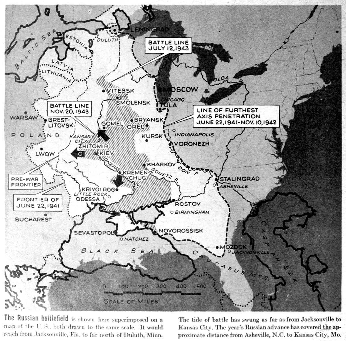 10. The Russian battlefield is shown here superimposed on a map of the U.S. (1943)  https://archive.org/details/life15octluce/page/n1077