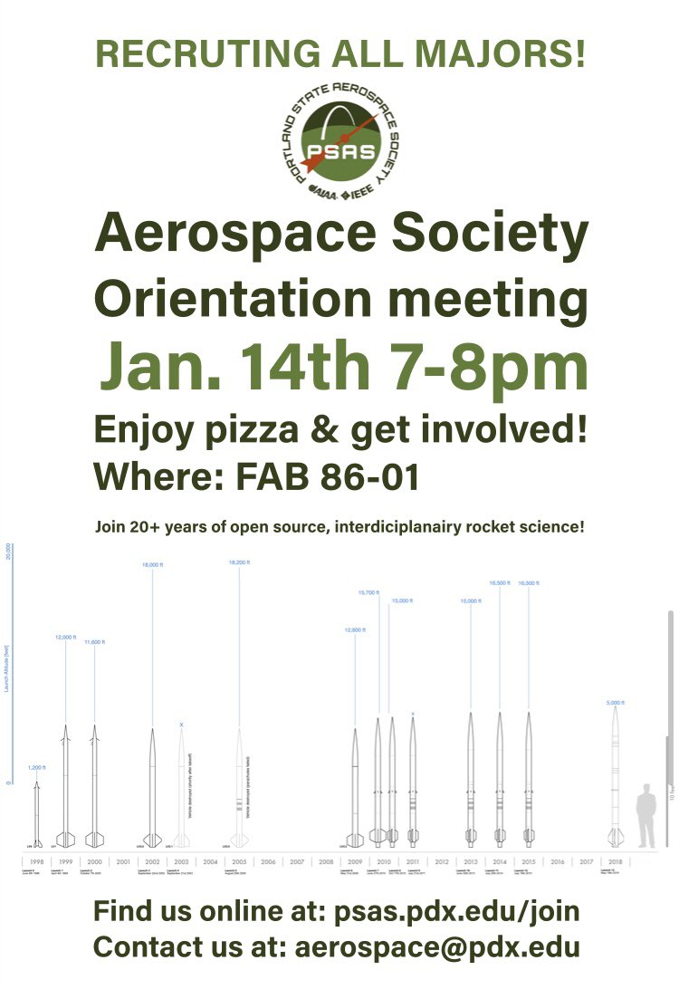 pdxaerospace's tweet photo. Have you been wanting to join PSAS or @oregoncubesat? Come to our orientation tomorrow, Jan. 14, 7-8PM in FAB 86-01! Enjoy free pizza and get involved!!!
#aerospace #PSU #engineering #business #campusinvolvement #portlandstateuniversity #oregonsatellite #NASA https://t.co/AOGM7AoB6S