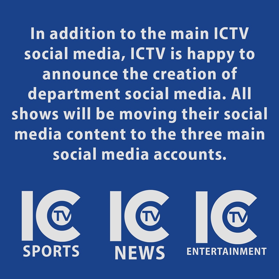 Ithaca College Television is happy to announce the creation of our new department social media accounts! In addition to our main @ictv607 accounts, we have also created new social media accounts for our different departments - <a href="/ICTVNews607/">ICTV News</a>, <a href="/ICTVSports607/">ICTV Sports</a>, and @ICTVEntertain! 🎥