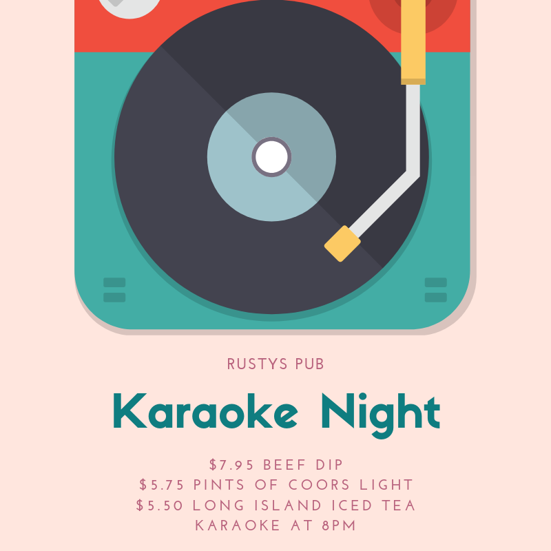 RustysPub's tweet photo. Karaoke Mondays!
Come down and enjoy our Monday feature of $7.99 Beef Dip and Fries and hot the stage starting at 8pm with Almost Famous Karaoke. https://t.co/O7aAKynGC9