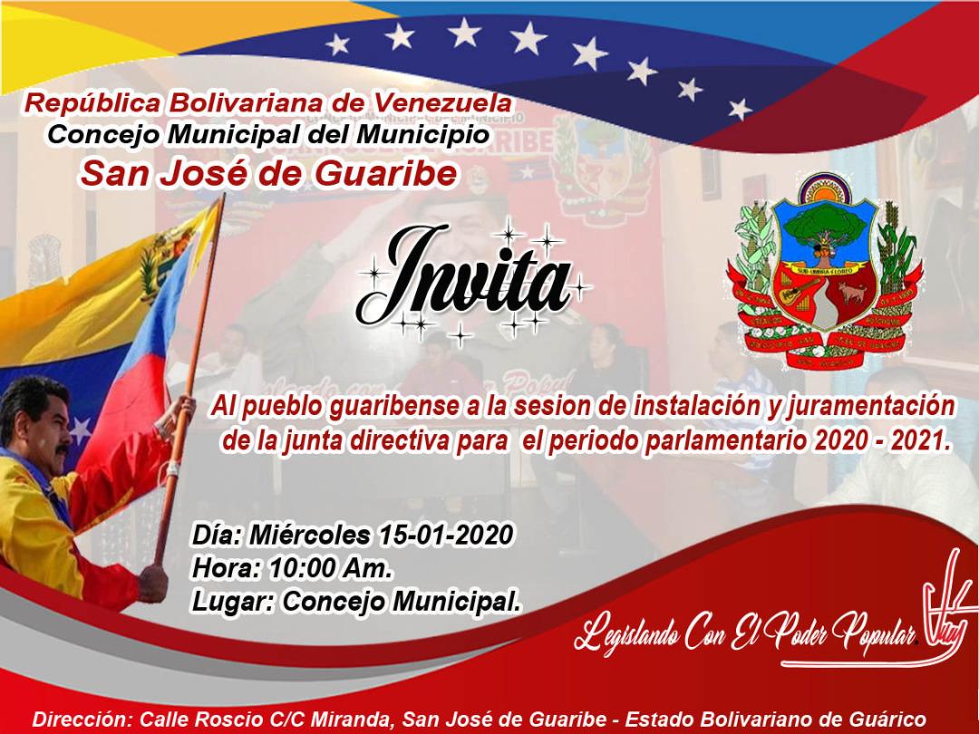 PsuvGuaribe's tweet photo. La Alcaldía del Municipio San José de Guaribe y el Concejo municipal
              
                      INVITAN

a la Sesión de Instalación y Juramentación de Junta directiva para el periodo parlamentario 2020/2021

Dia: Miércoles 15 Enero
Hora: 10am 
Lugar: Concejo municipal https://t.co/N8lpjQ1KGH