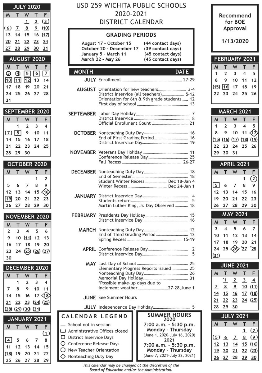 Wichita Public Schools Sur Twitter The Board Has Approved The 2020 21 School District Calendar With Aug 13 As The First Day Of School For All Students And May 25 As The