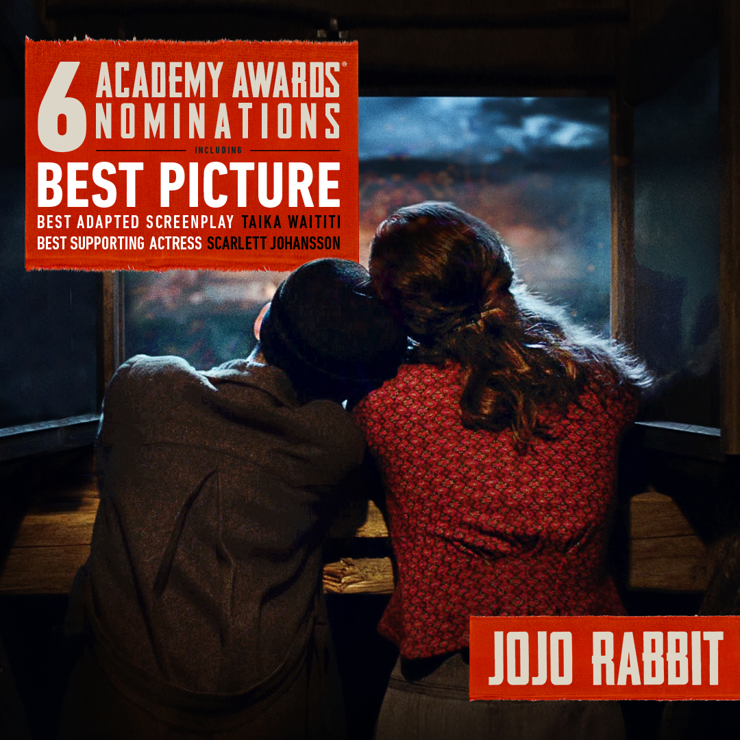 #JojoRabbit is nominated for 6 #AcademyAwards for Best Picture, Best Adapted Screenplay, Best Supporting Actress - Scarlett Johansson, Best Film Editing, Best Production Design and Best Costume Design!

See it in cinemas today bit.ly/JOJORabbitTick…