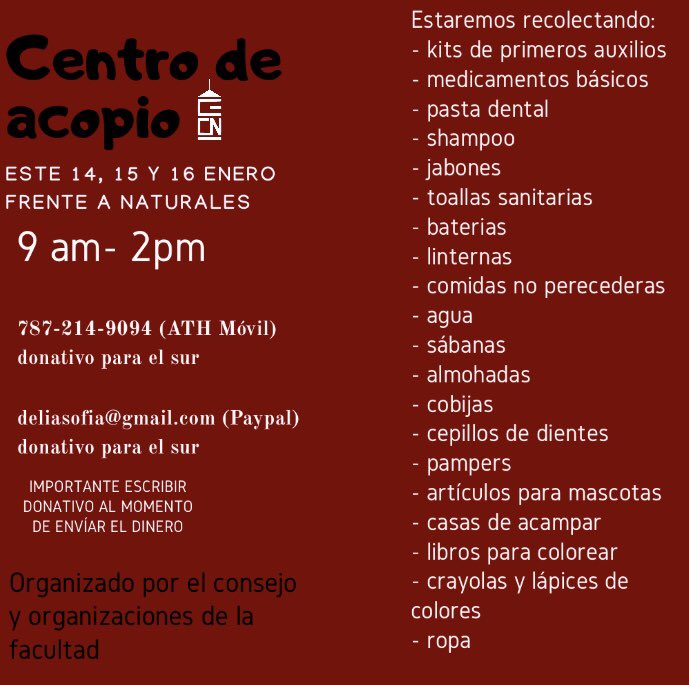 CECN_UPRRP's tweet photo. Para aquelles que no puedan llegar mañana a dar donaciones, estaremos hasta el jueves frente a la facultad de naturales, también pueden enviar su donavtivo a través de ath móvil y pay pal!!

Compartan https://t.co/PXk4WBNswv