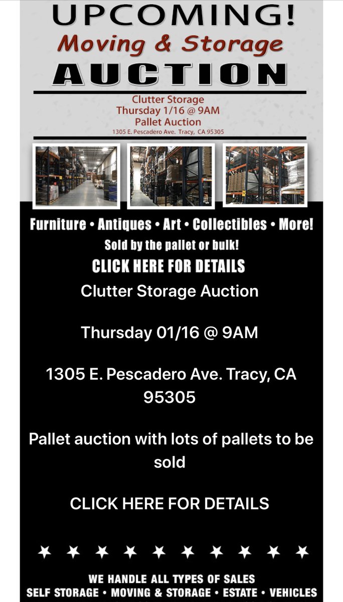 auctionguydan's tweet photo. X330 household & unknown
pallet auction on Jan 16th 9am #ClutterStorage #Tracey CA
Check out these and other auctions on https://t.co/oJXPhUKzCu
Nationwide Online
#SelfStorage #Auctions https://t.co/m1fWpP2qrv https://t.co/pxHcHFQjXp