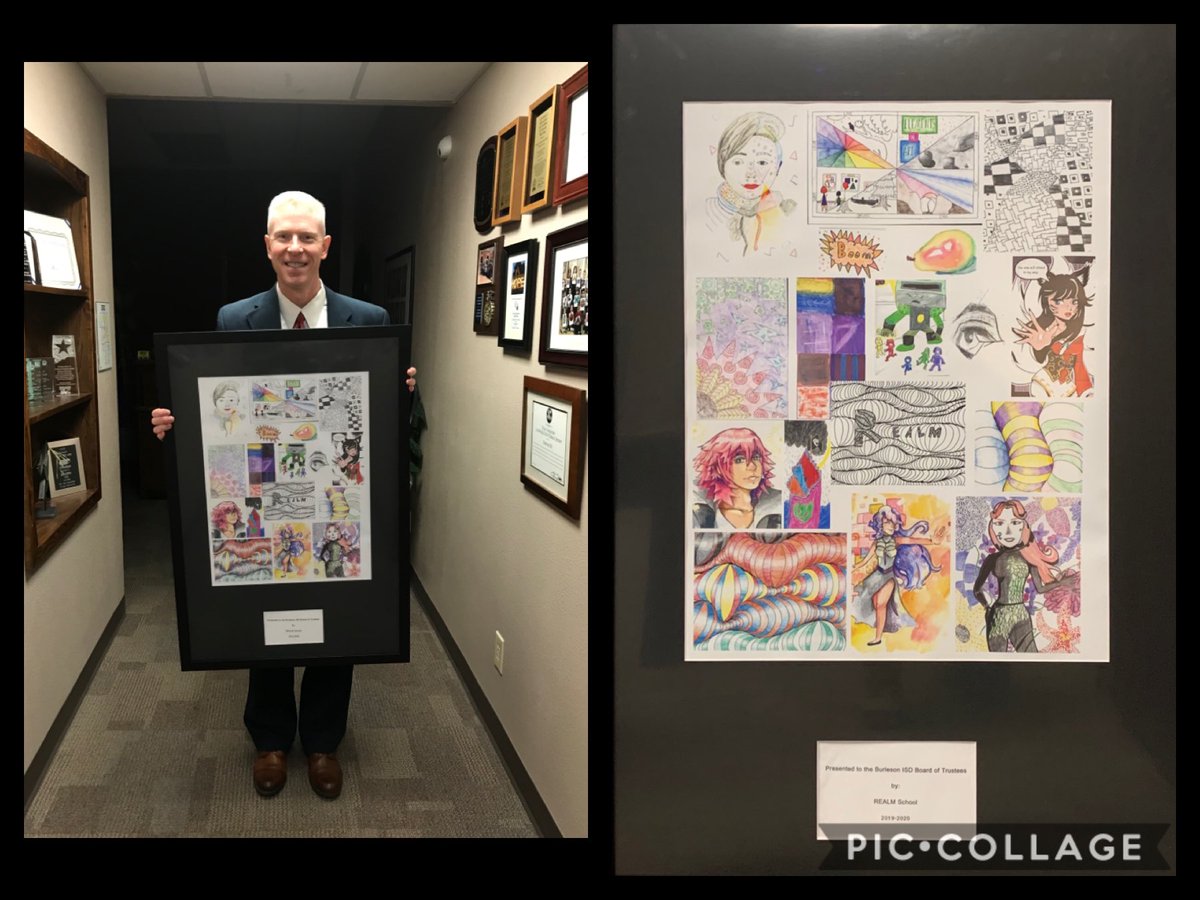 JCalvinEDU1's tweet photo. Thanks to Chris Perry and our ⁦@REALM_BISD⁩ art students that contributed to this wonderful collage presented to the BISD School Board in honor of Board Appreciation Month. #REALMRocks https://t.co/WCbEdDITmR