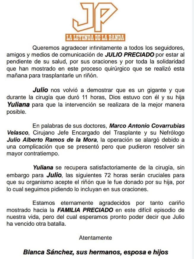 Hoy se realizó la cirugía de trasplante de riñón de <a href="/Julio_Preciado_/">Julio_Preciado_</a> y aquí el comunicado oficial de cómo se encuentra de salud, enviado por su familia.