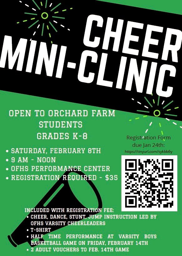 OFESPTO's tweet image. Orchard Farm Varsity Cheer Mini Clinic 

Register Here: tinyurl.com/sykbb6y

• Grades: K-8th 
• $35 per student
• Checks payable to Orchard Farm School District or pay online through parent portal/revtrak. 
• Registration &amp;amp; payment due Jan 24th
@OFR5_Activities