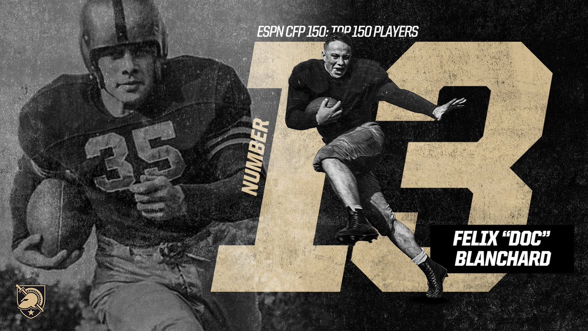 ArmyWP_Football's tweet photo. Felix “Doc” Blanchard, who won the Heisman Trophy, Maxwell Award and Sullivan Award in 1945, was No. 1️⃣3️⃣ on @ESPNCFB’s list of the top 150 players of the last 150 years. 

#GoArmy https://t.co/qXcHuT3RlQ