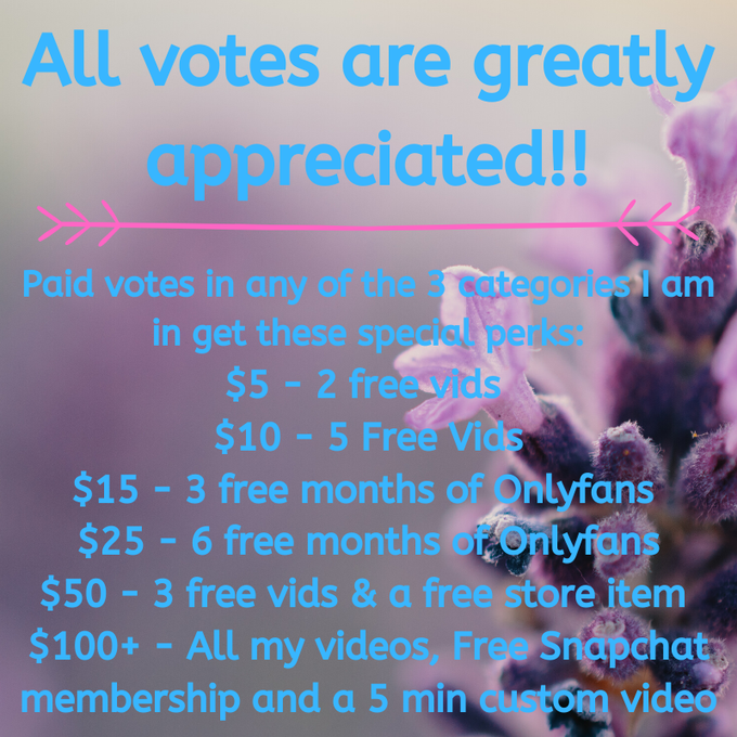 Please vote for me @ManyVids  Paid votes get a special treat. I am in the following 3 categories:  MV<a class="tags" href="/tag/manyvids">@manyvids</a><a href="/tag/fun"class="tags"><span>#fun</span></a><a href="/tag/stripperpole"class="tags"><span>#stripperpole</span></a><a href="/tag/milf"class="tags"><span>#milf</span></a><a href="/tag/poledance"class="tags"><span>#poledance</span></a><a href="/tag/polefun%20"class="tags"><span>#polefun </span></a>