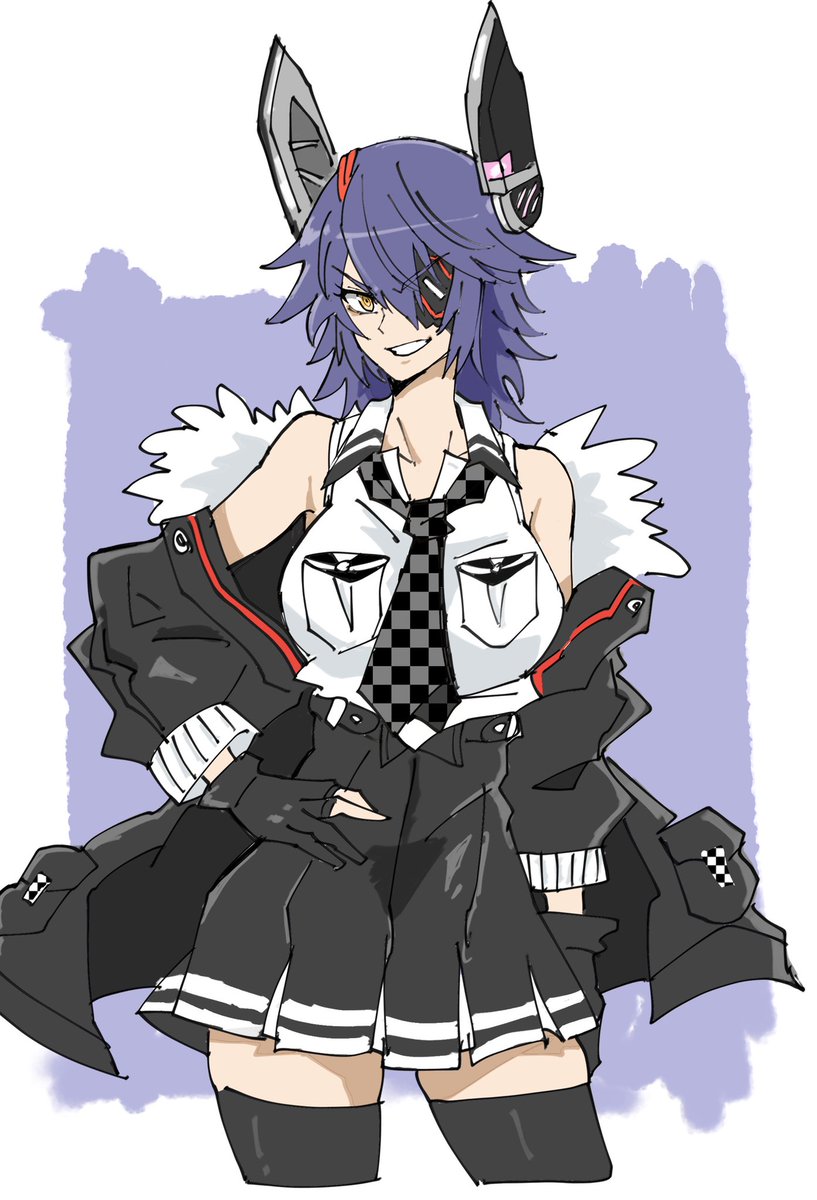 tenryuu (kancolle) 1girl solo gloves necktie eyepatch thighhighs purple hair  illustration images