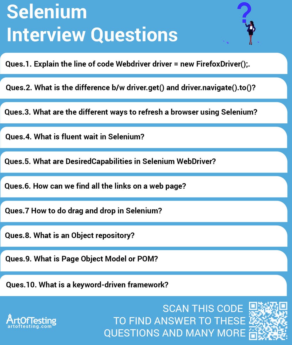theartoftesting's tweet photo. 100+ Selenium Interview Questions with Answers
https://t.co/86zuwoIkDd
#automationtesting #selenium #qualityassurance #ArtOfTesting https://t.co/YM3ZJ2sYML